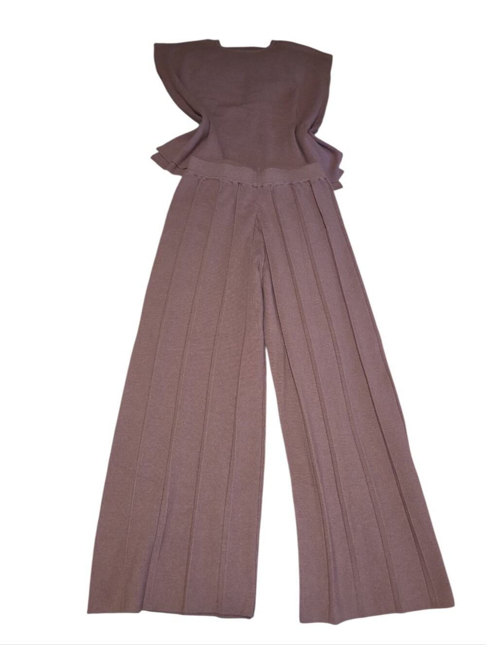 Wide-Leg Knit Pants Set in Mauve